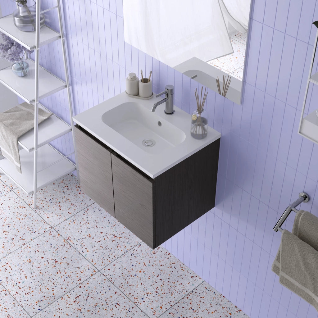 Mobile da bagno sospeso 60cm rovere scuro con lavabo e specchio | Rata