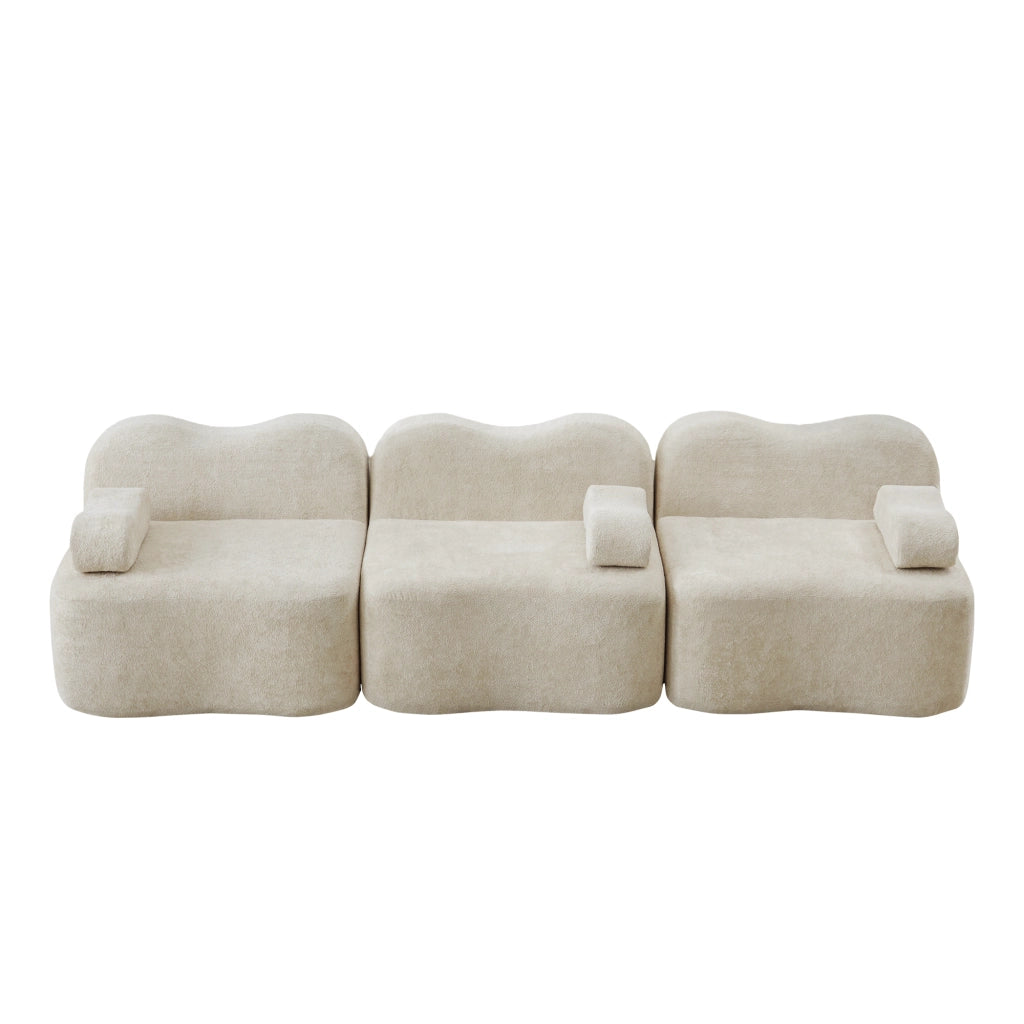 Divano modulare senza struttura in velluto beige, seduta profonda e schienali ergonomici