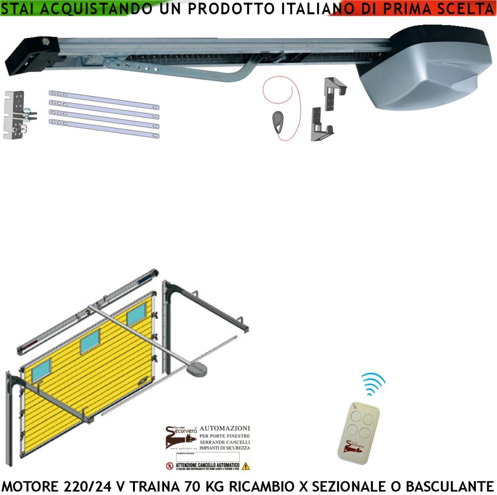 Kit Motore 220/24 V da Soffitto Ricambio x Porta Cler Basculante o Sezionale 70 Kg Automatica Radiocomando Binario 3 MT Alluminio Estruso Sistema Autoreverse Sblocco Pattino di Traino Luce di Cortesia