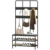 Appendiabiti da Ingresso 3 in 1 con 6 Ganci e Panca con Scarpiera, 91x36x180 cm, Nero
