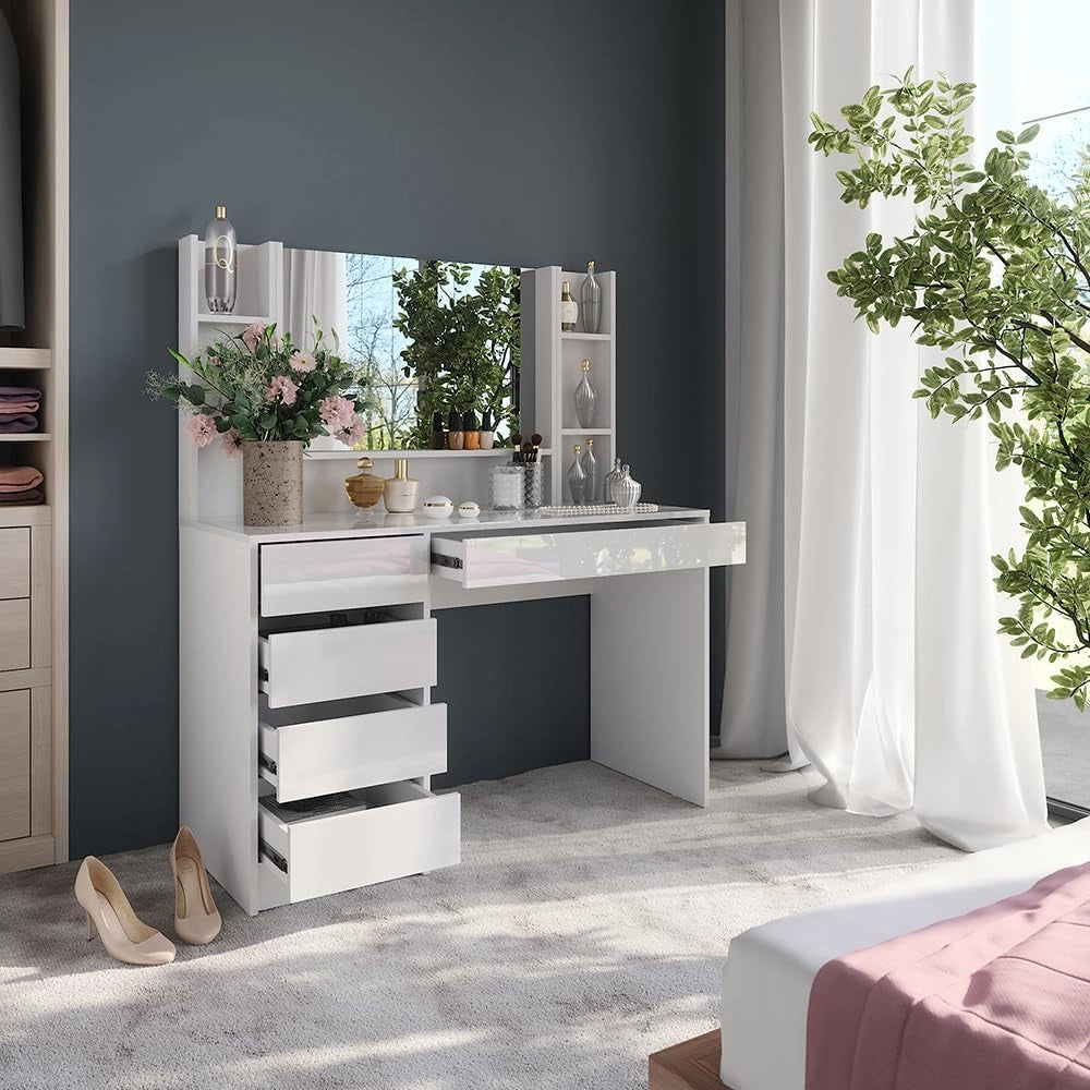 Tavolo da toeletta Sherry, Bianco/bianco lucido, 119.8 cm 4 parti