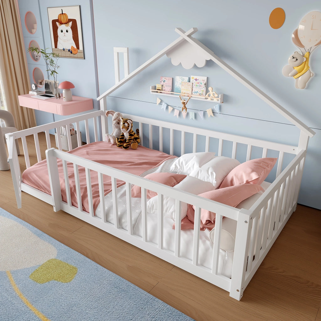 Letto a Casetta 90×190 cm; Letto Singolo per Bambini con Sponda con Chiusura; senza Materasso; Bianco