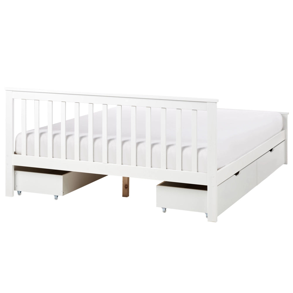 Letto matrimoniale Legno di Pino bianco con Rete a Doghe con 4 cassetti 160 x 200 cm  testiera a doghe minimalista