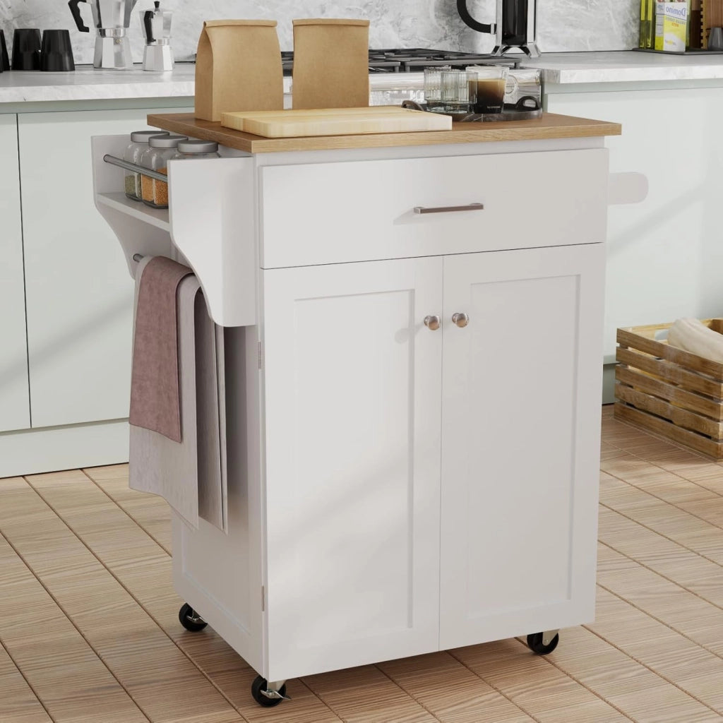 Carrello da cucina con piano di lavoro, carrello da portata con ruote, armadio da cucina con cassetto e ripiano regolabile, carrello da cucina con portasciugamani, mobile da cucina, in legno