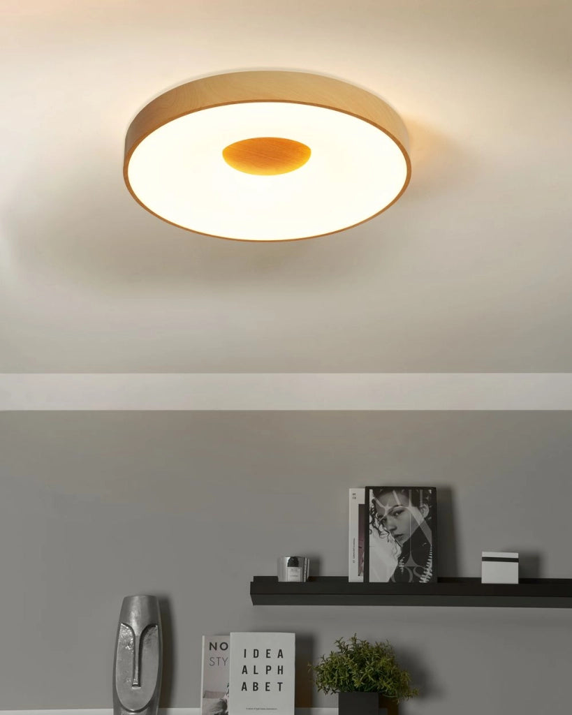Plafoniera in metallo con luci LED integrate di forma rotonda con dimmer telecomando legno  moderna illuminazione