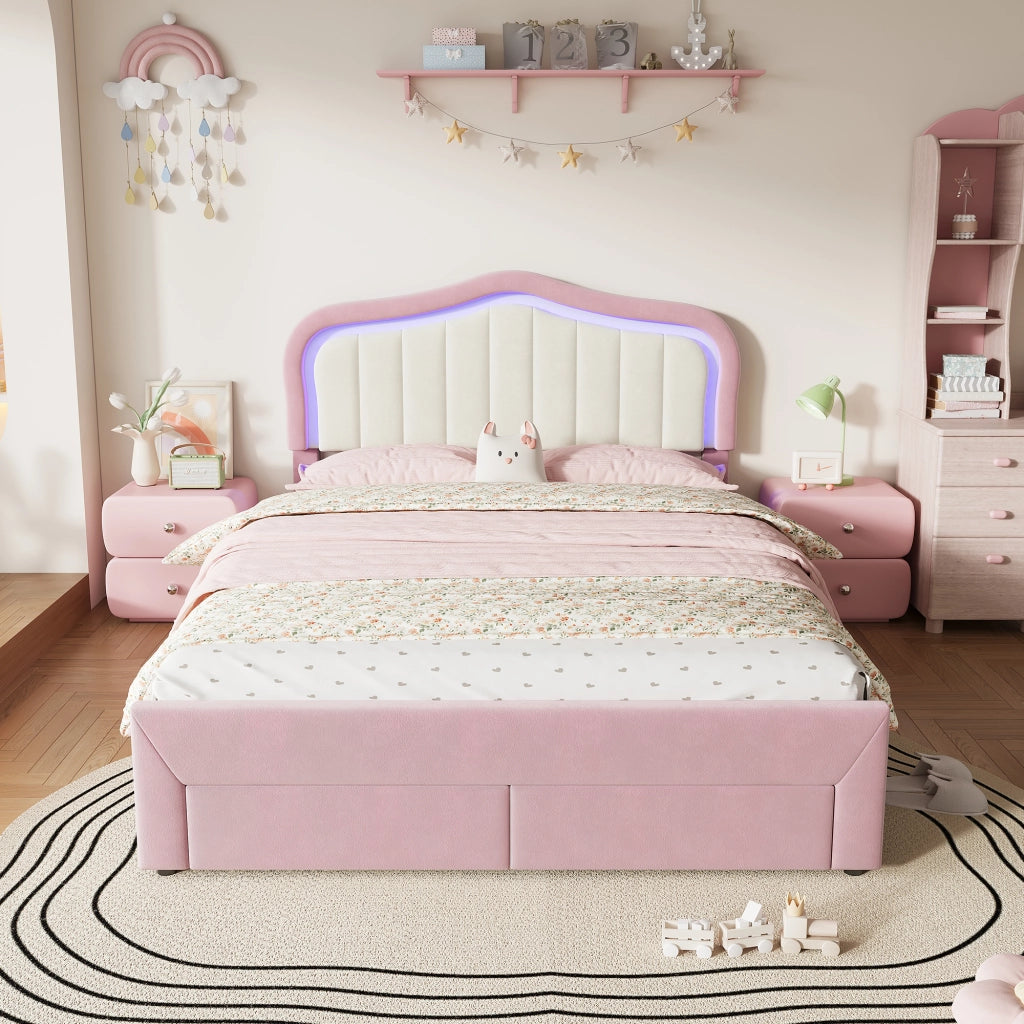 Letto imbottito rosa 140x200 cm in velluto con 2 cassetti e LED controllati tramite app per cameretta