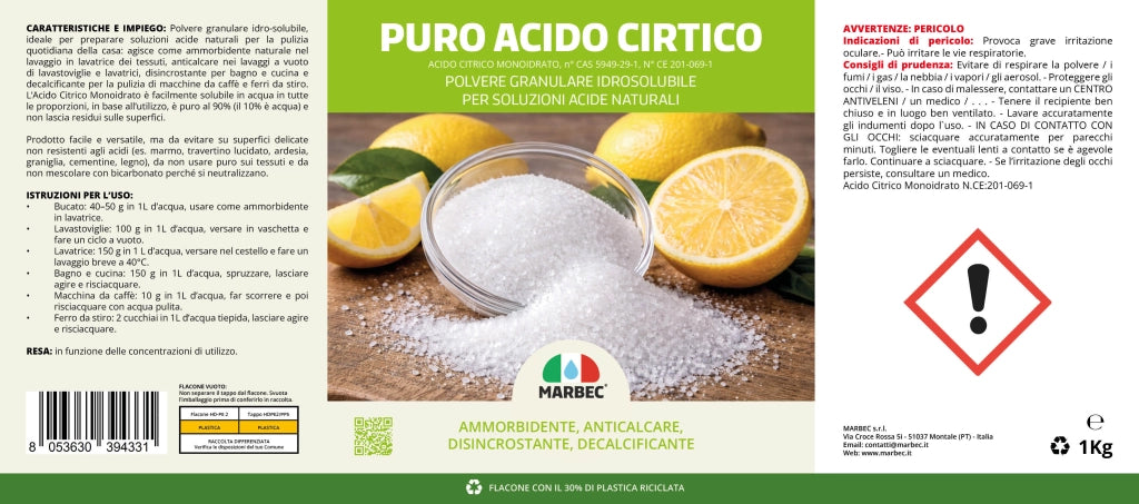 Detergente disincrostante versatile, anticalcare e ammorbidente naturale Marbec PURO ACIDO CITRICO - 1KGx6Pz