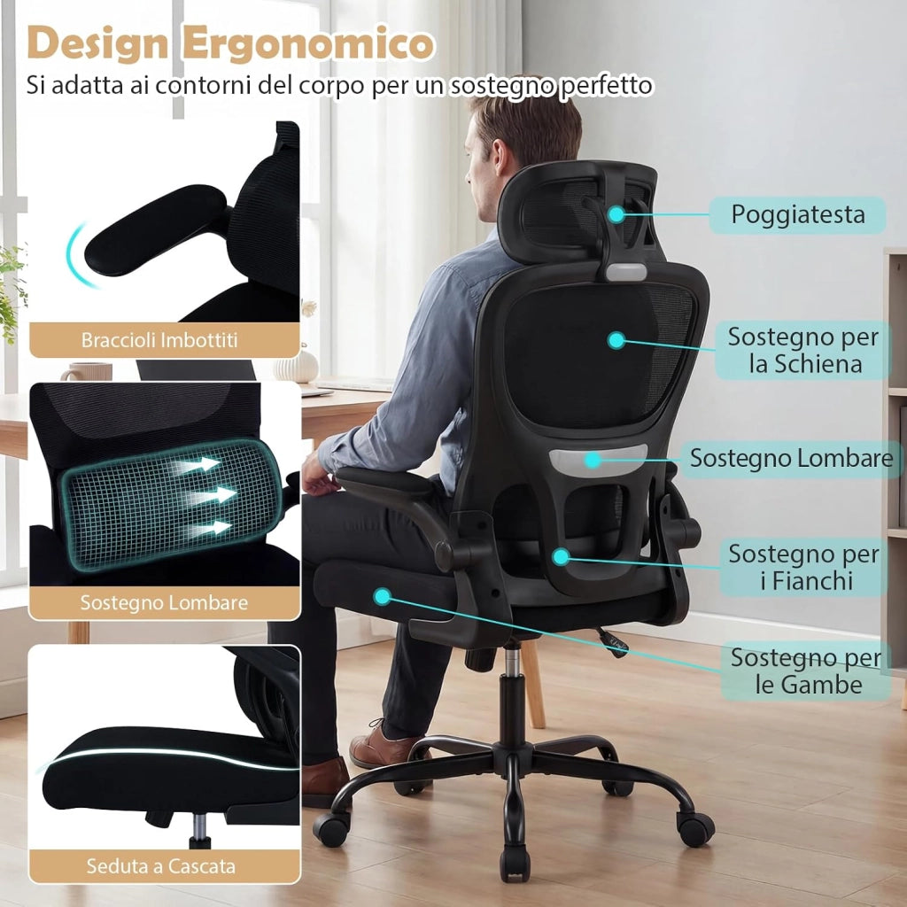Sedia da Ufficio Ergonomica, Sedia da Scrivania Computer, Poggiatesta e Supporto Lombare, Regolabile in Altezza, Portata 120 kg, Nero