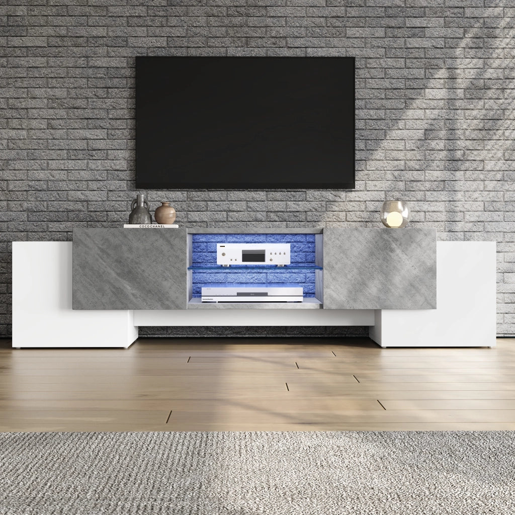 Mobile porta TV con LED, 4 ante, 3 vani e ripiani in vetro, per soggiorno, in MDF, bianco e grigio, 180 × 40 × 46,5 cm