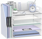 Organizzatore di scrivania con contenitore per documenti, 5 strati, organizzatore di scrivania con 3 contenitori per penne, cassetto per lettere per ufficio, casa, organizzazione e archiviazione, bianco