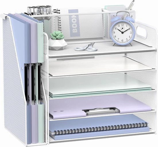 Organizzatore di scrivania con contenitore per documenti, 5 strati, organizzatore di scrivania con 3 contenitori per penne, cassetto per lettere per ufficio, casa, organizzazione e archiviazione, bianco