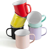 Set di Ciotole per Caffè da Campeggio da 6 350 ml Ciotole Metalliche Colorate con Manico e Verniciatura a Powder Coat per Campeggio, Casa, Festa, Ufficio, Riciclabile e Portatile