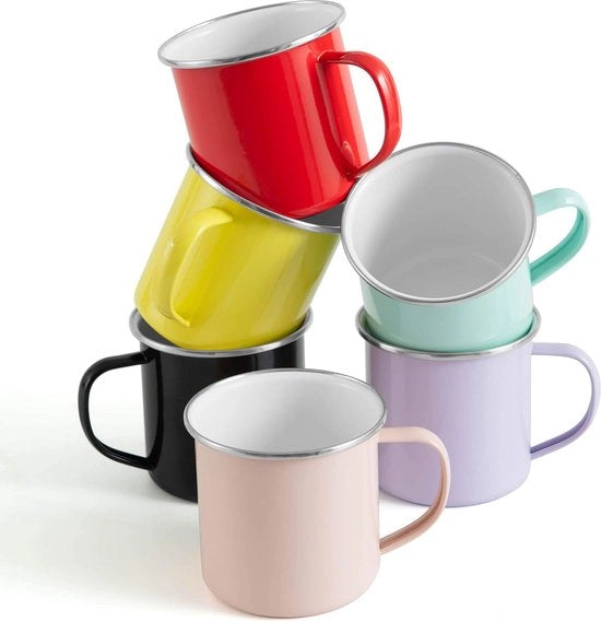 Set di Ciotole per Caffè da Campeggio da 6 350 ml Ciotole Metalliche Colorate con Manico e Verniciatura a Powder Coat per Campeggio, Casa, Festa, Ufficio, Riciclabile e Portatile