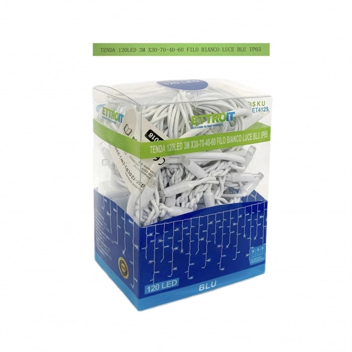 Luci Natale Tenda Luminosa Natalizia 120 LED Blu Flash Bianco 3 Metri  30-70-40-60 Filo Bianco Esterno IP65