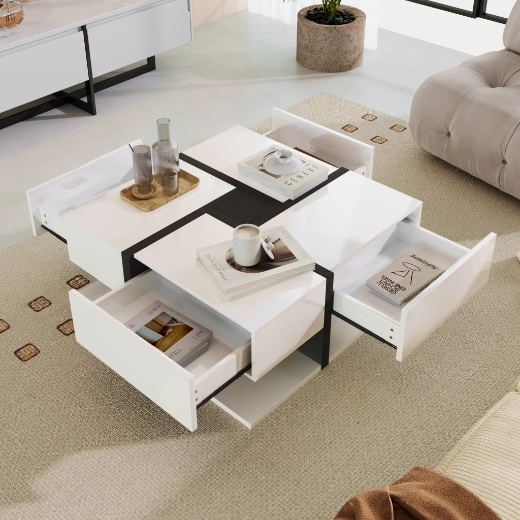 Tavolino da Caffè Quadrato con 4 Cassetti e Ripiano; Design a Linee; Bianco Lucido; in Pannello Truciolare; Bianco; 78×78×36 cm
