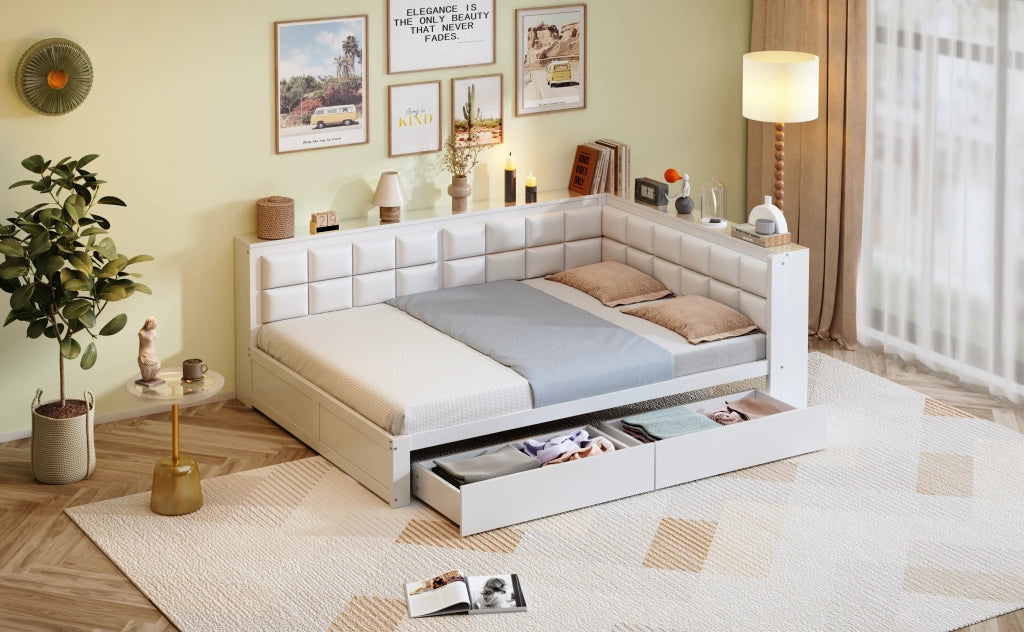 DESMIU Letto a banquette 140 × 200 cm 2 posti con 2 cassetti, schienale imbottito, senza materasso, in legno, bianco