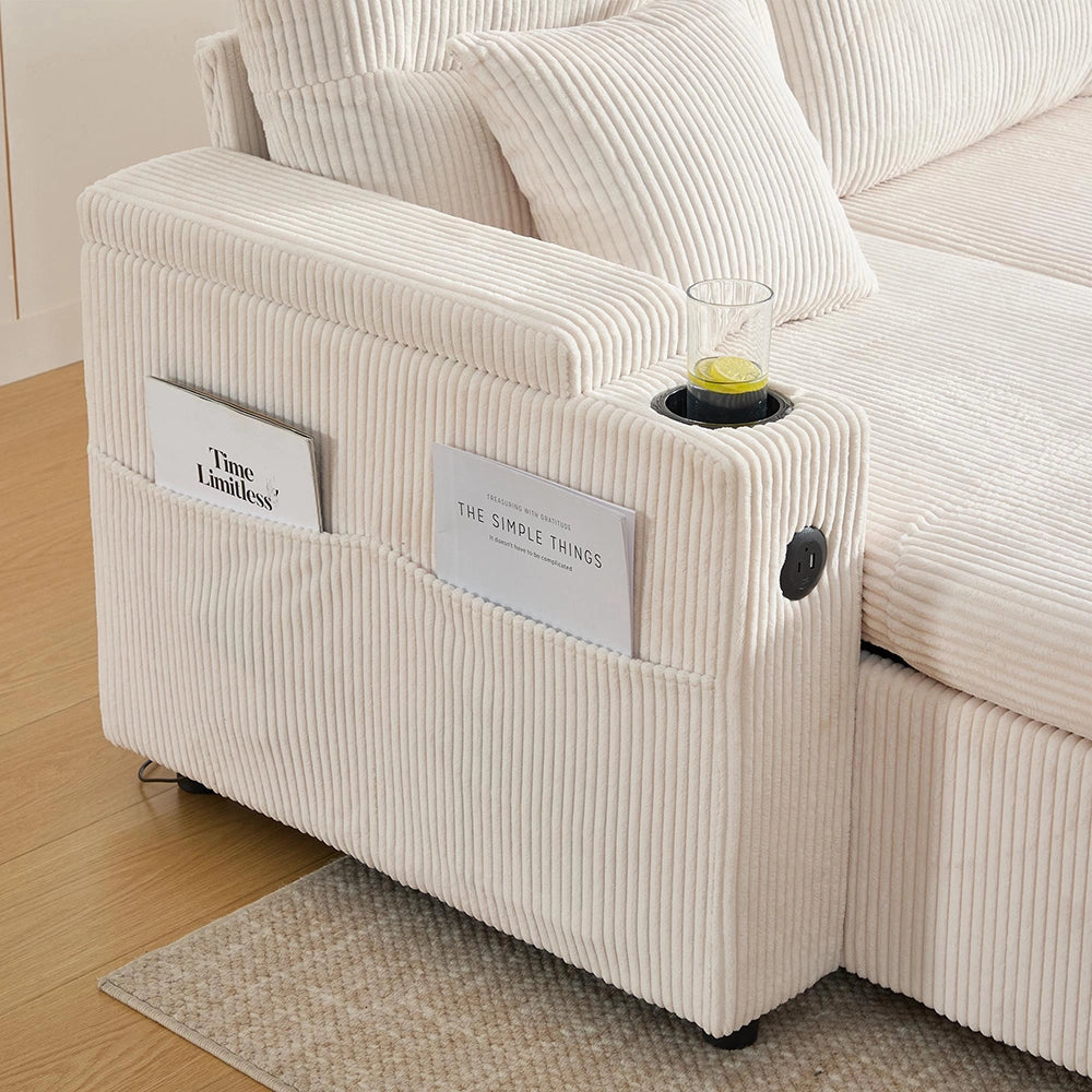 Canap¨¦ moderno in velluto per 4 persone - Xylo - Divano letto con chaise longue, vano portaoggetti e porte USB