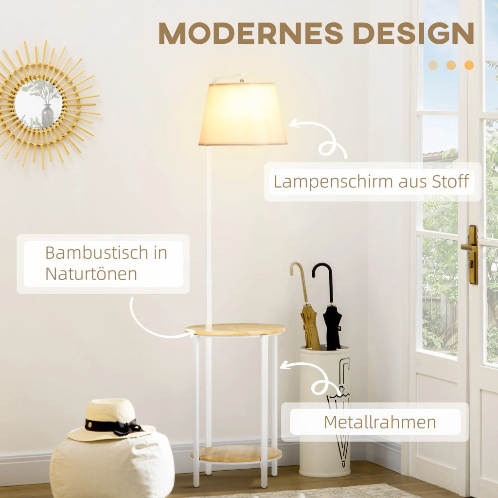 Lampada da terra 162 cm 40 W, lampada da appoggio con 2 ripiani e paralume in lino in metallo bianco per soggiorno e camera da letto