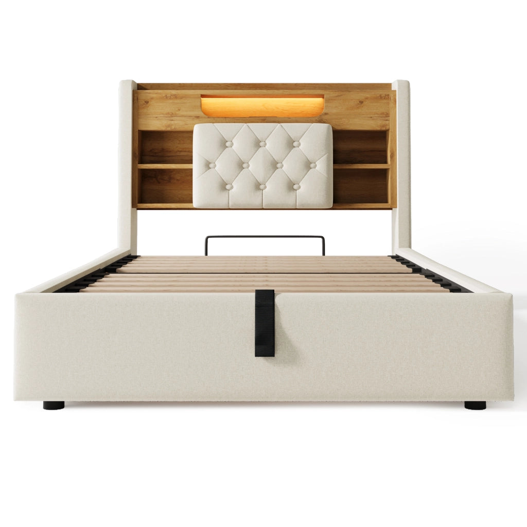 Letto imbottito 90x200 cm con contenitore idraulico, LED, USB/Type-C, testiera con ripiani, beige