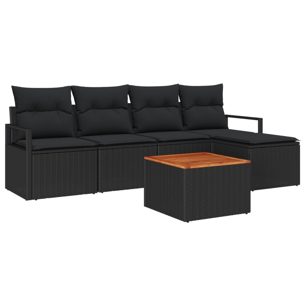 Set di Divano da Giardino a 6 Pezzi con Cuscini Nero Polyrattan Acacia