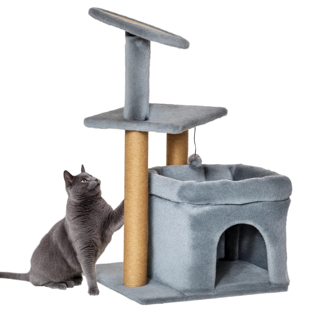 Tiragraffi per Gatti con Casetta e Cuscino ¨C zephmum ¨C Grigio, Juta, 84cm