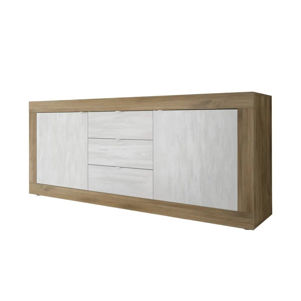 Credenza con 2 porte e 3 cassetti collezione ACCESS. Colori bianco e rovere scuro.