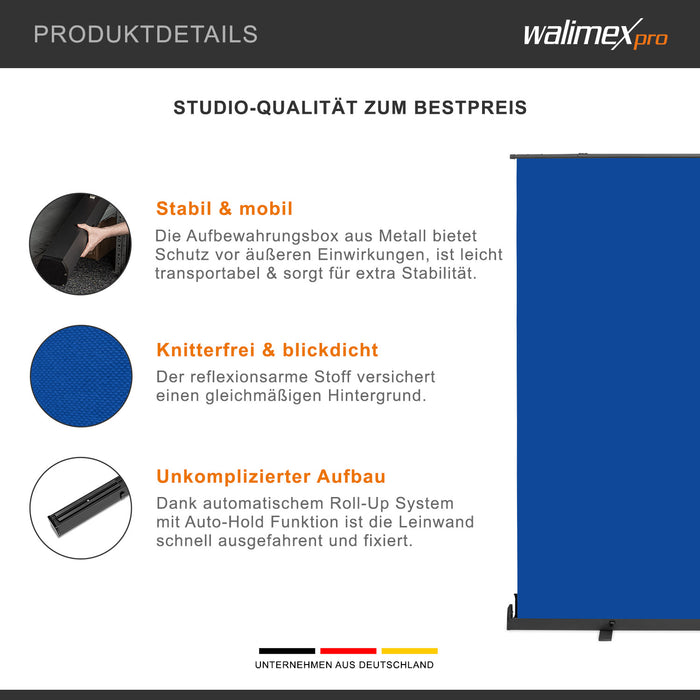 Fondale fotografico a rullo blu 210 x 220 cm, sfondo avvolgibile con supporto, sistema per studi fotografici, pannello ingualcibile per fotografia