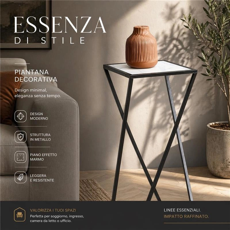 TAVOLINO A COLONNA CON STRUTTURA IN METALLO NERO E TOP IN MDF EFFETTO MARMO BIANCO MISURE: 25X70CM