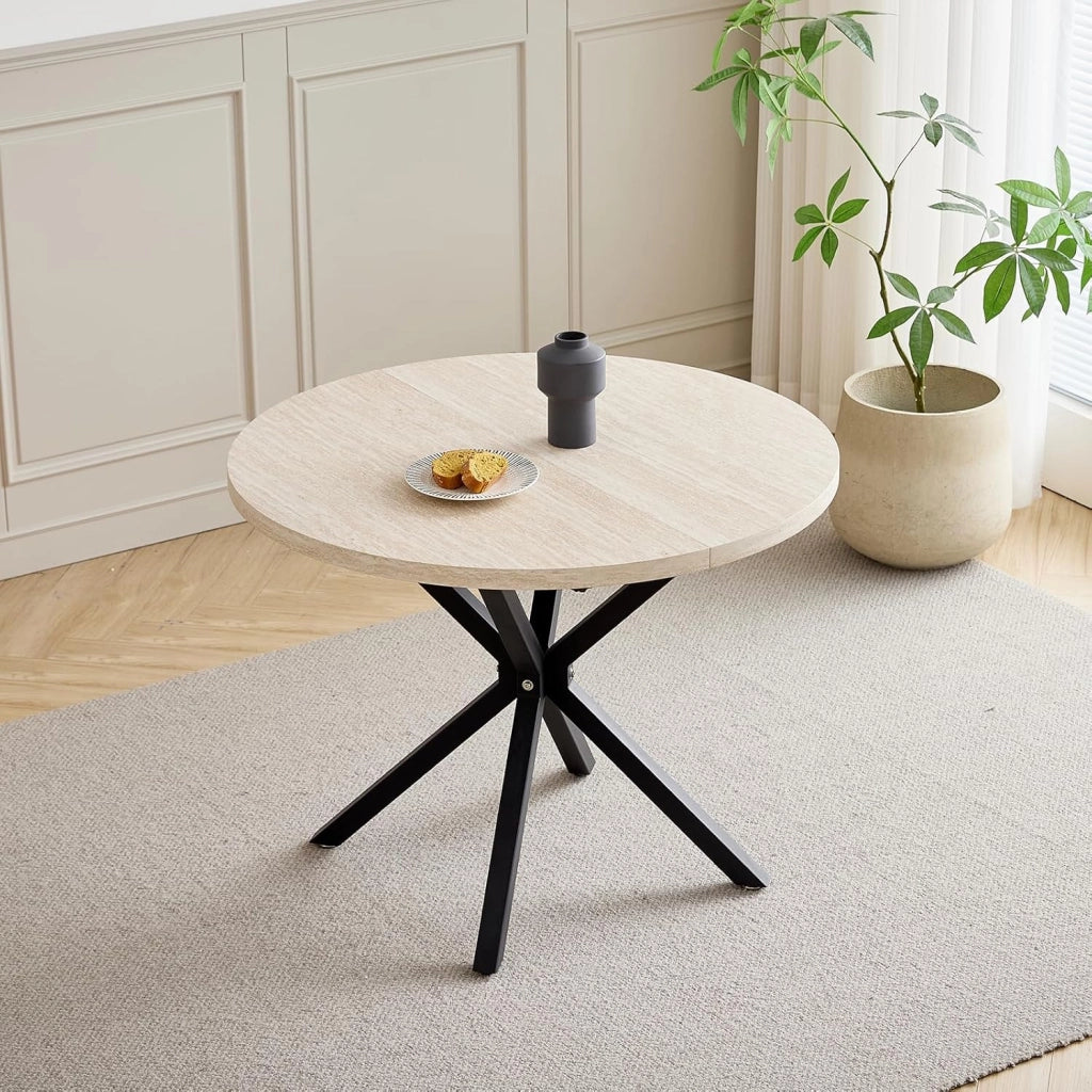 GrandCA HOME Set Tavolo e Sedie da Pranzo, 4 Sedie da Pranzo in Velluto a Coste Nero e un Tavolo da Pranzo Rotondo Moderno da 100 cm, adatti per Cucina e Soggiorno (Pietra di Grotta Gialla)