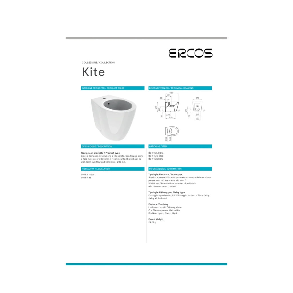 Coppia Di Sanitari Con Copriwater Ercos Da Terra Filo Muro Senza Brida Bianco Lucido "Kite"