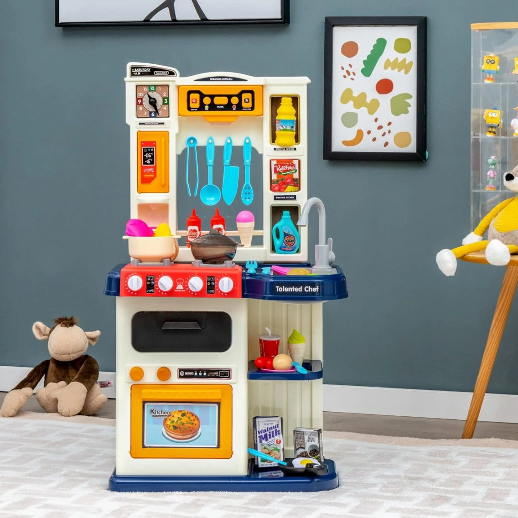 65 Pezzi Cucina Giocattolo per Bambini, Mini Cucina con Finto Vapore Cappa Aspirante, Rubinetto con Acqua Corrente, Canzoni, Luci e Suoni Realistici, 3 Anni+, 45 x 26 x 79 cm (Blu)