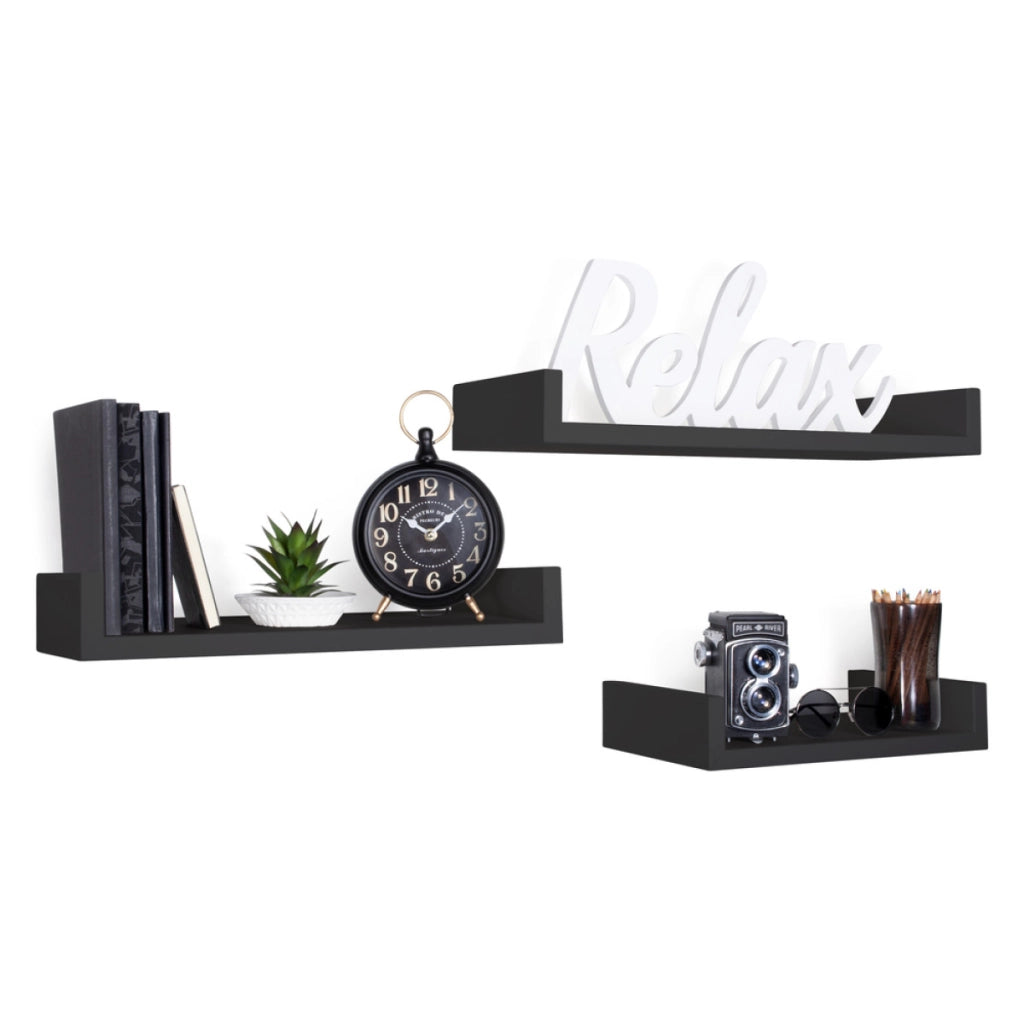 Set di 3 Mensole da Muro Modello CALAMITA MAXI, Mensole Muro Design, Mensola da Parete. Misure 60x8 p23.7 cm, 50x8 p23.7 cm e 40x8 p23.7 cm. Finitura   NERO - MADE IN ITALY