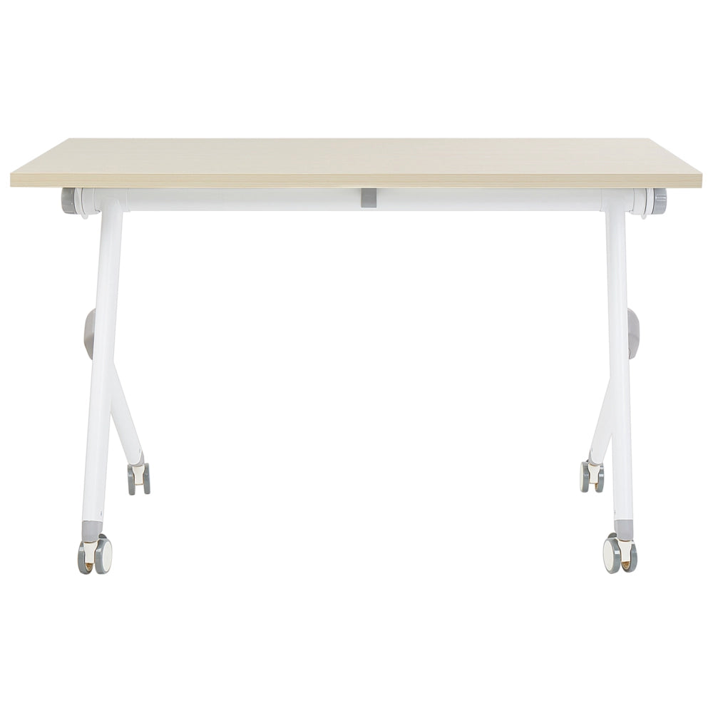 Scrivania rettangolare pieghevole con rotelle portatile con struttura in metallo legno chiaro e bianco 120 x 60 cm stile moderno