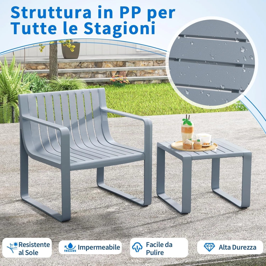 Set di Mobili da Giardino a 2 Pezzi, Poltrona e Tavolino da Giardino, Set da Bistro a Doghe per Patio, Sedia in PP e Tavolino da Caffè Quadrato, Portata 160 kg + 60 kg