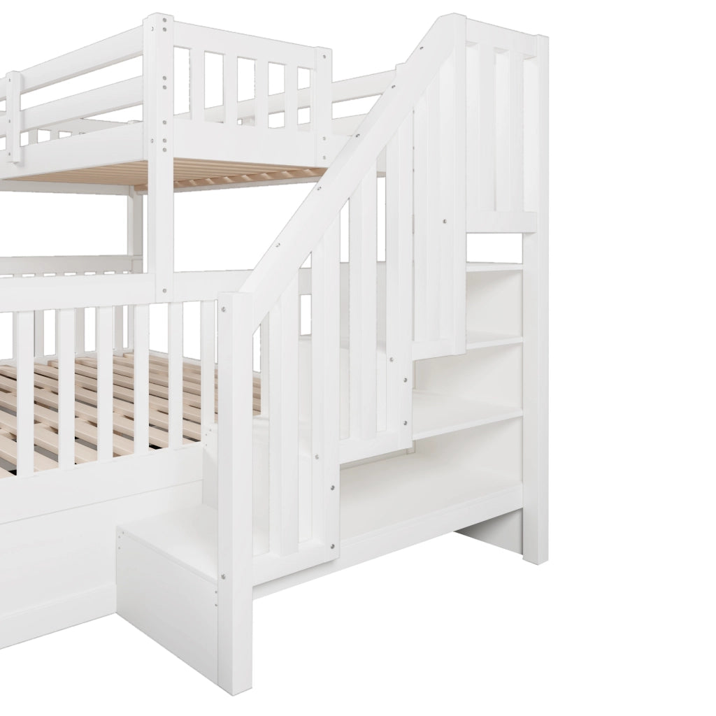 LETTO a castello con scala contenitore 90x200+140x200 cm in pino e MDF bianco