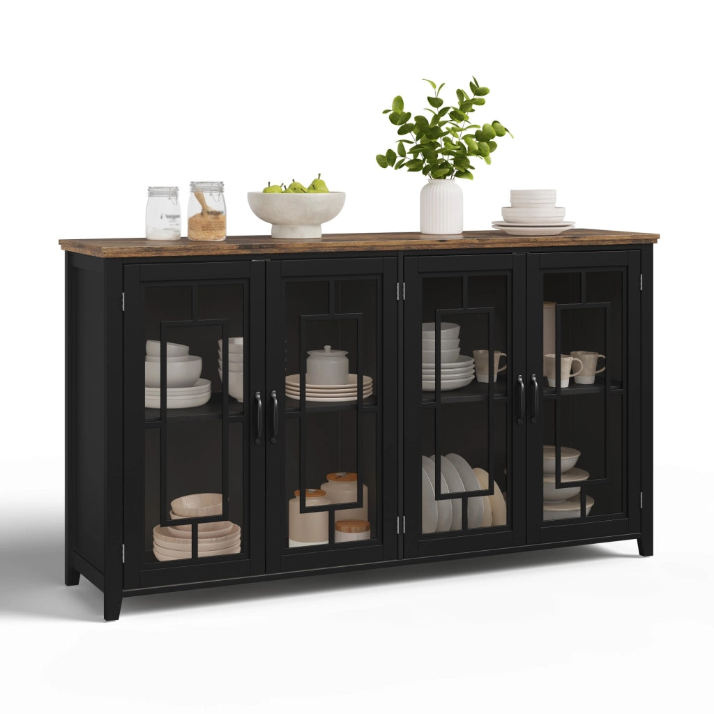 Sideboard da cucina 160 cm con ante in vetro, ampio spazio contenitivo e dispositivo antiribaltamento, nero