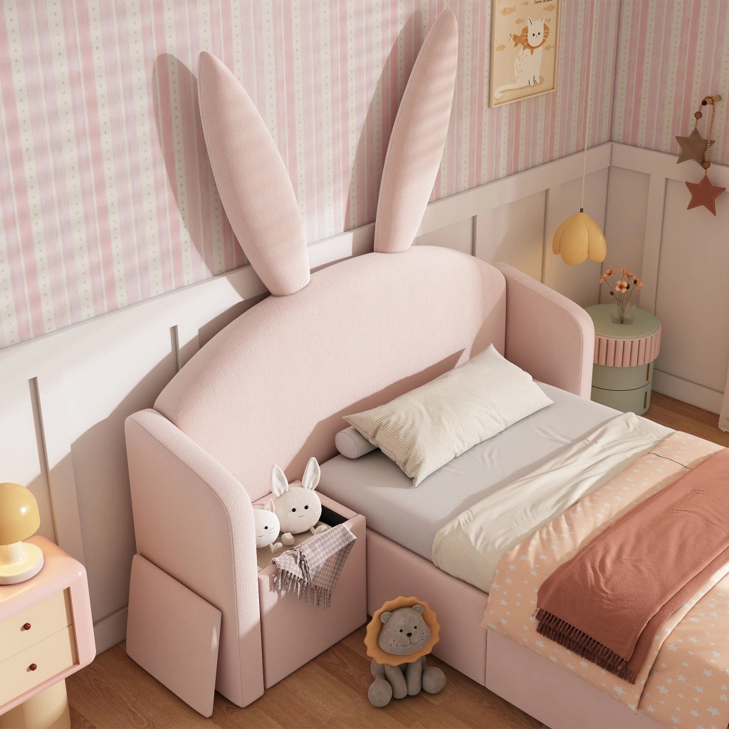 Letto imbottito con vano contenitore 90x200 cm velluto rosa