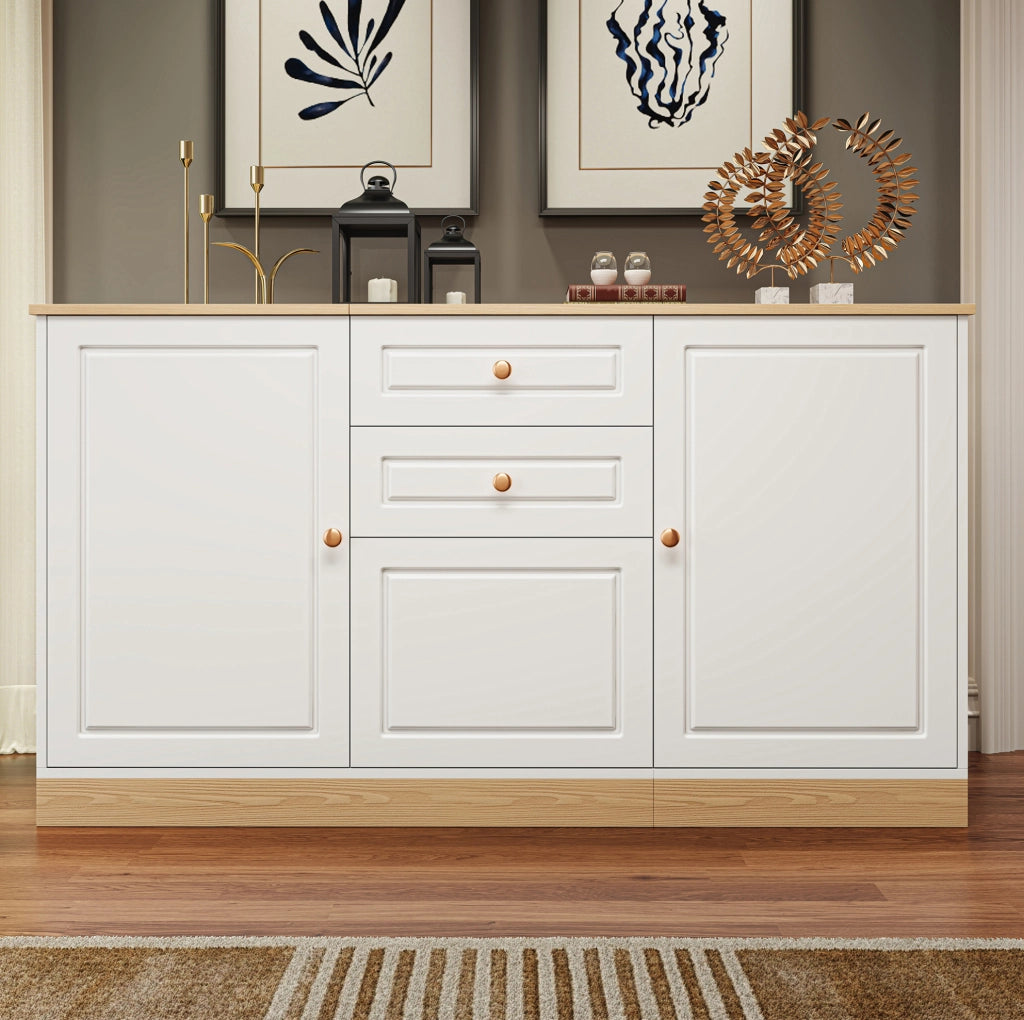 Credenza 135，5x39x76 cm bianca e legno， 3 ante e 2 cassetti