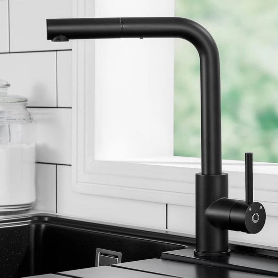 Cranio cucina nero con doccia manuale, cranio cucina con scarico metallico retrattile, cranio cucina in acciaio inox, 360 gradi girevole, copertura rimovibile, senza scarico d'acqua per doccia.