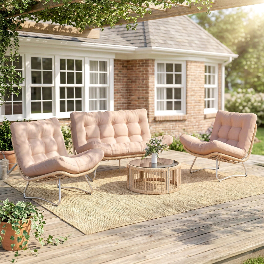 Set Lounge 4 Pezzi Polyrattan ¨C Zephmum ¨C Grigio, Cuscini Spessi, Tavolo Vetro