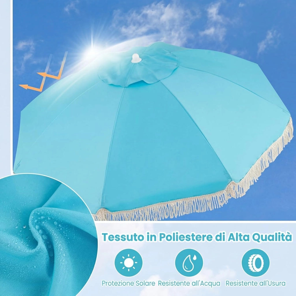 Ombrellone da Spiaggia 180 cm, Inclinabile Regolabile 30°, Palo in Legno, 8 Stecche in Fibra di Vetro, Ombrellone per Giardino, Piscina, Terrazza (Blu)