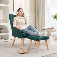 Poltrona con Poggiapiedi, Schienale Alto Trapuntato, Gambe in Legno e Rivestimento in Lino, Verde Scuro