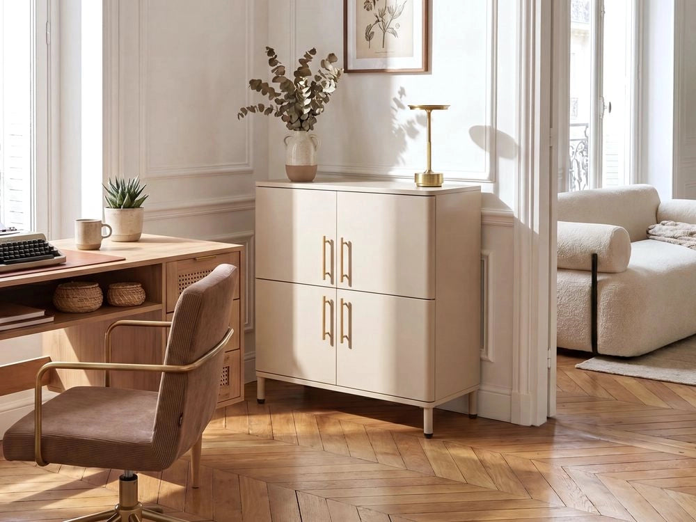 Credenza in acciaio beige a 4 ante con angoli arrotondati e maniglie dorate