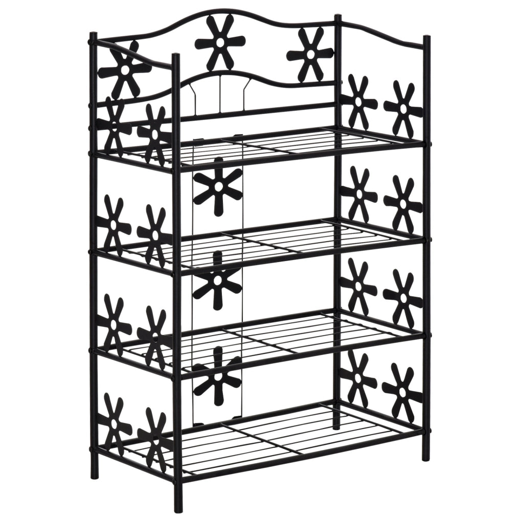 Scaffale in metallo nero a 4 ripiani con decori floreali
