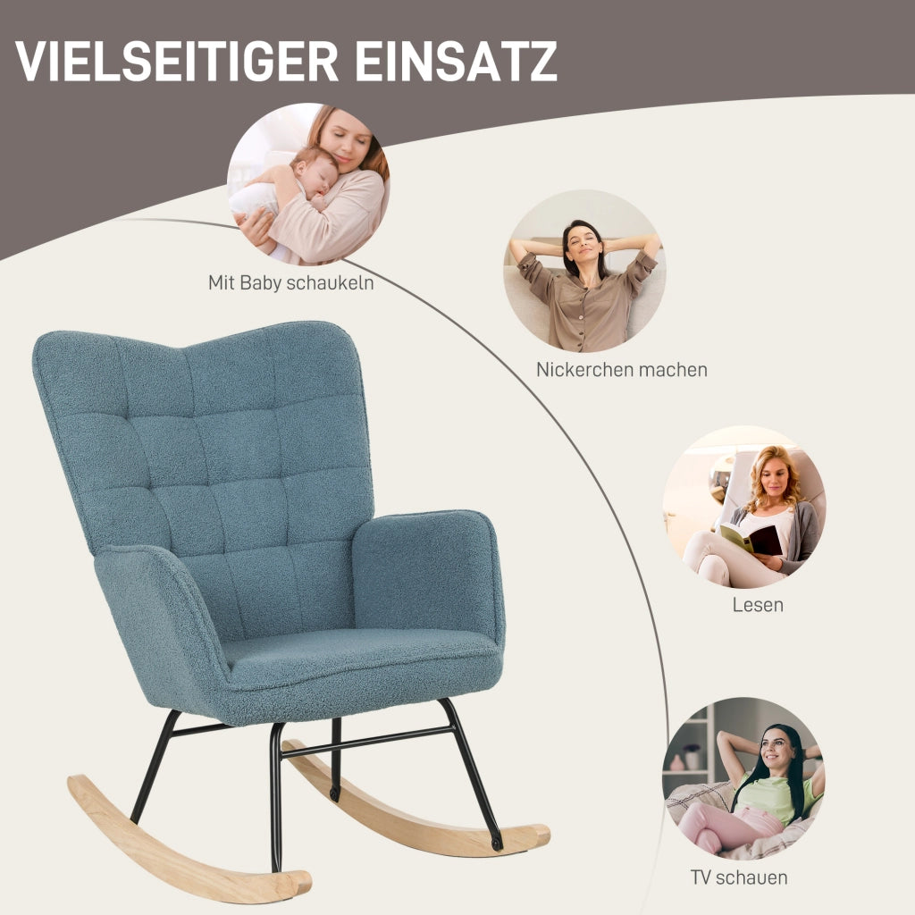 Sedia a dondolo relax con schienale alto braccioli e base in legno per soggiorno e camera da letto in poliestere azzurro
