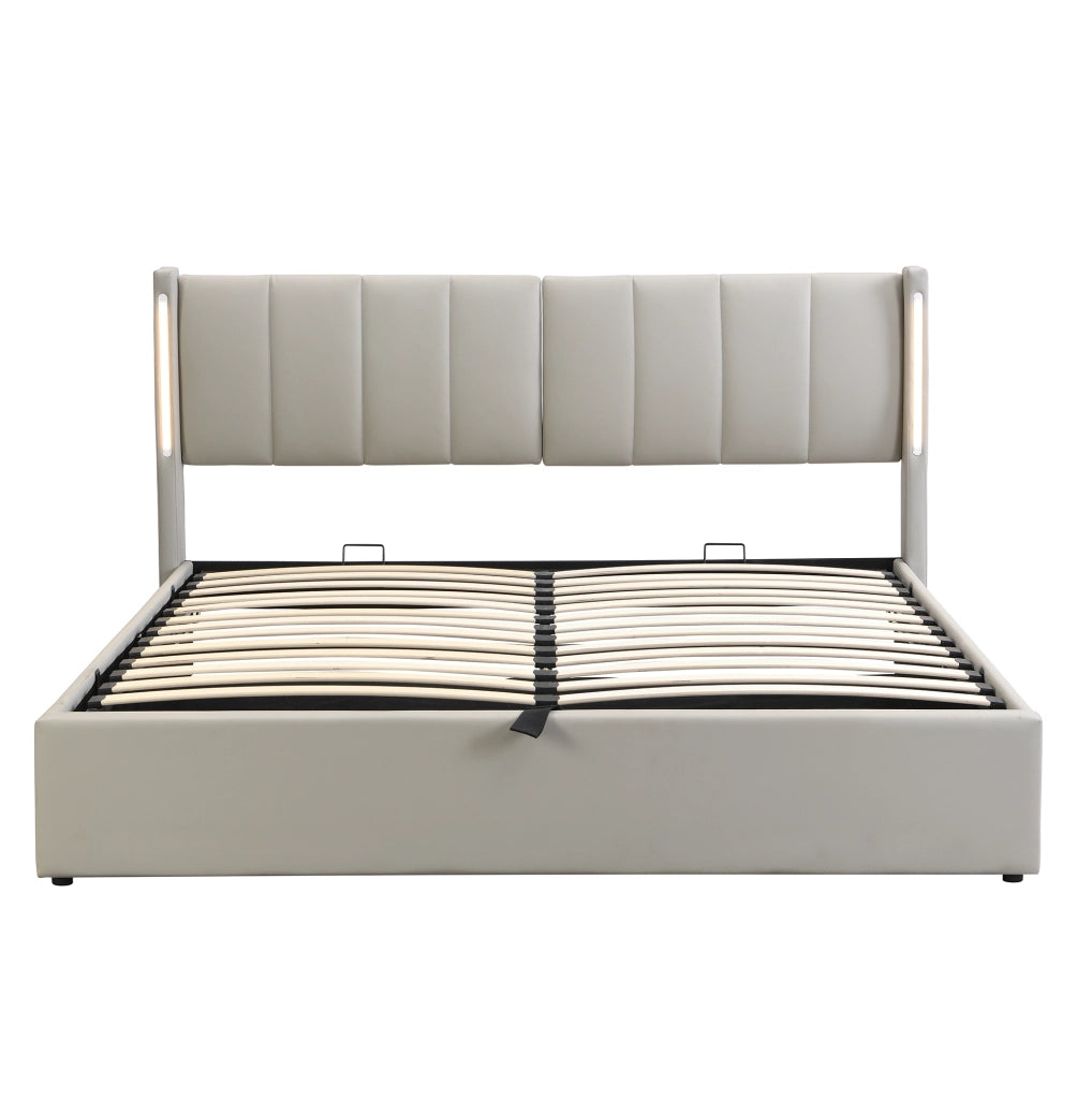 Letto imbottito 140x190 cm con LED; USB Type-C; testiera regolabile; PU grigio