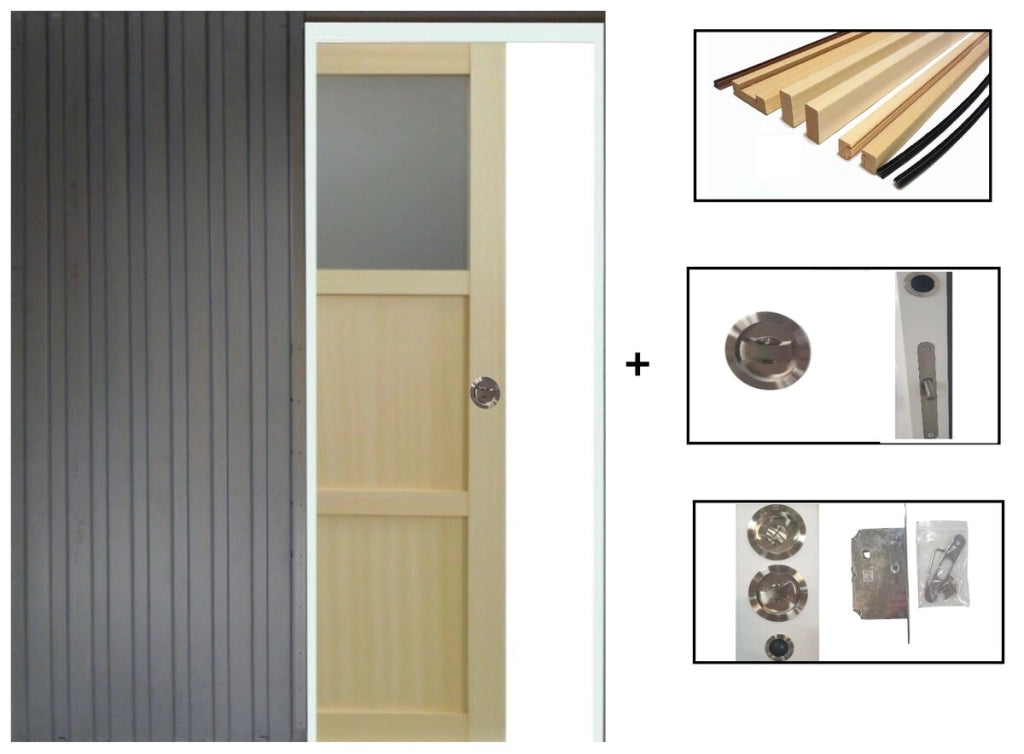 Porta scorrevole a 2 pannelli + 1 vetro impiallacciato ayous H204 x L73 + Sistema a rullo e finiture in dotazione