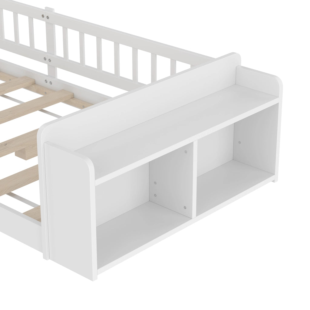 DESMIU Letto Bambino 90 × 200 cm 1 Posto con Vani Aperti, Ripiani e Sponda Apribile, Senza Materasso
