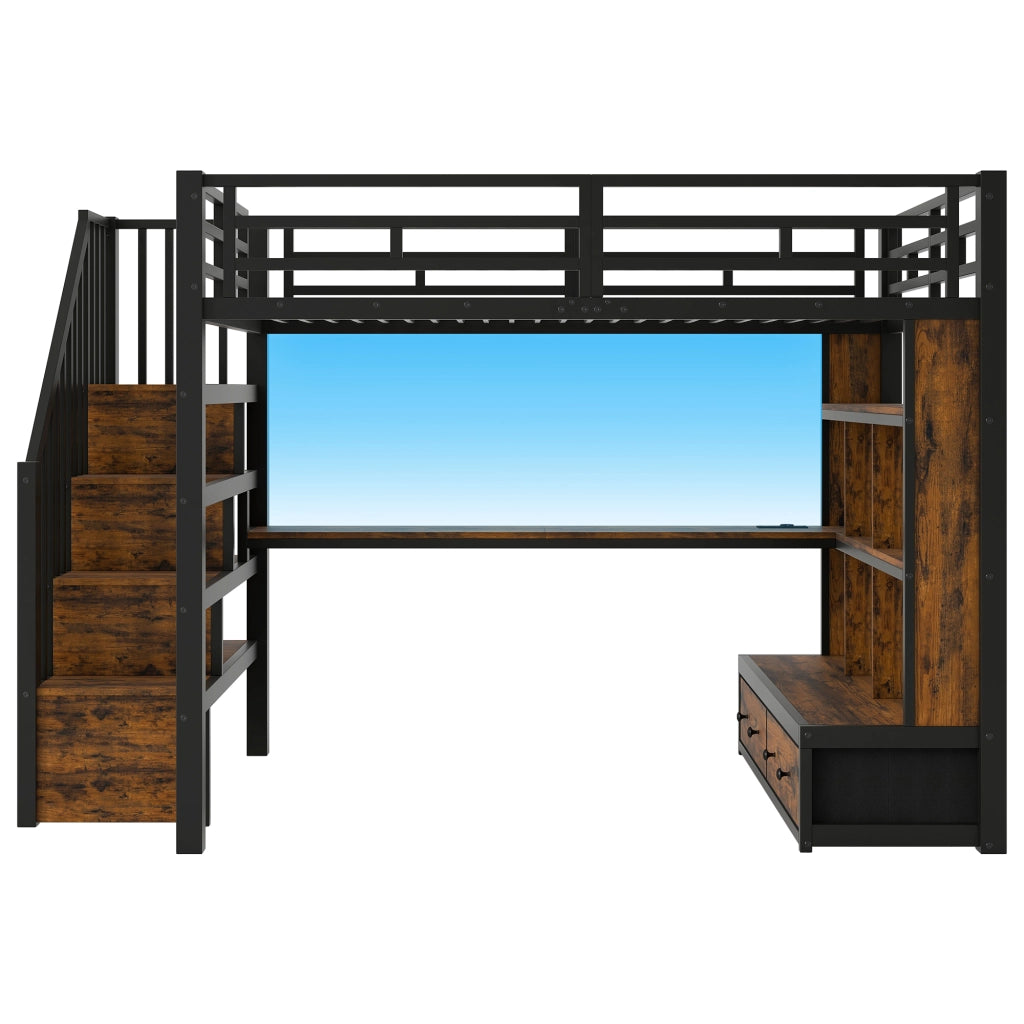 Letto a soppalco 140x200 cm con scrivania; libreria; cassetti e scala; nero