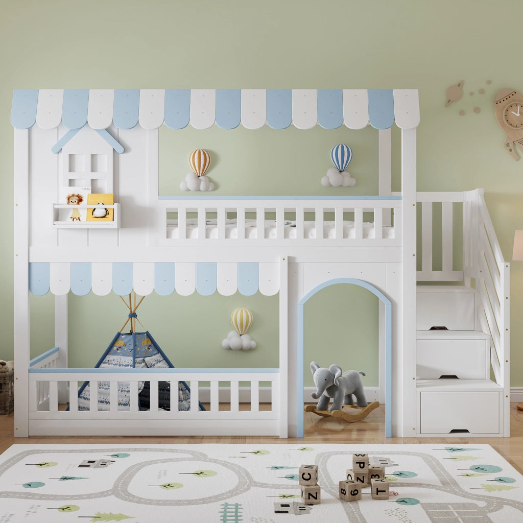 Letto a castello per bambini con armadio a scaletta, struttura in pino e MDF, bianco e blu, 90x200 cm